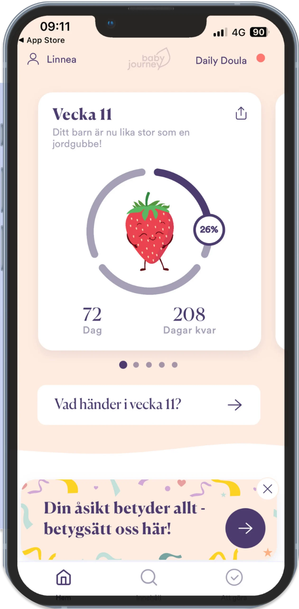 Smartphone som visar Gravidappen Baby Journey